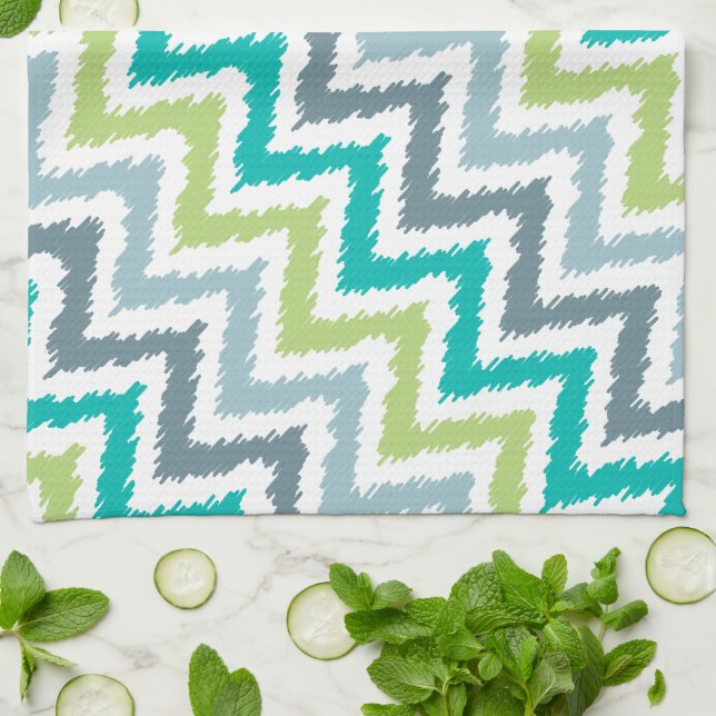 Blue Green Zigzag Ikat Pattern Tea Towel (Folded)