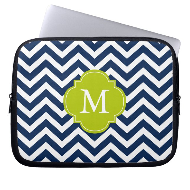 Blue & Green Zigzags Pattern Monogram Laptop Sleeve (Front)