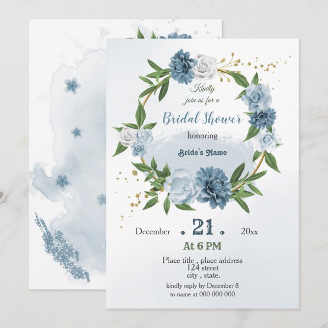 blue greenery botanical wreath bridal shower invitation (Front/Back)