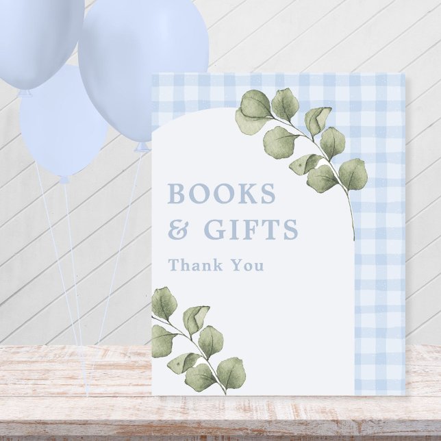 Blue Greenery Boy Baby Shower Books and Gifts Pedestal Sign (Creator Uploaded)