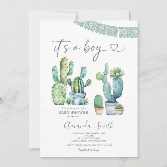 Blue Greenery Cactus Floral It's A Boy Baby Shower Invitation (Front)