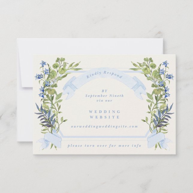 blue greenery crest website QR CODE wedding RSVP Invitation (Front)