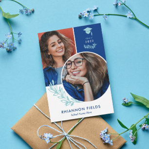 Blue Greenery Overlapping Photos Graduate Invitation