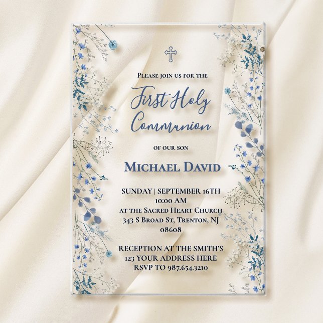  blue greenery watercolor First Communion boy Acrylic Invitations (Creator Uploaded)