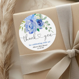 Blue greenery white floral thank you classic round sticker