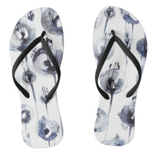 Blue grey abstract flower feather graphic pattern jandals