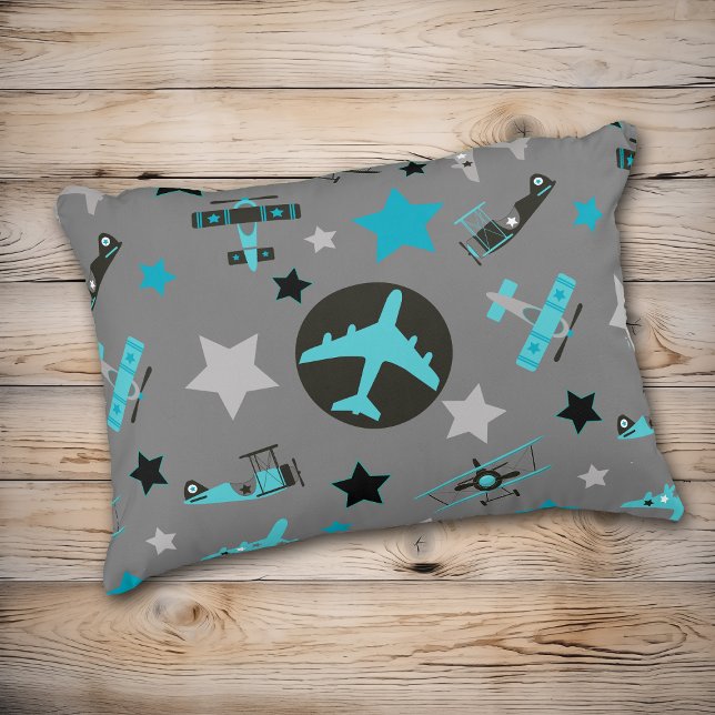 Blue Grey Aeroplanes Pattern Decorative Cushion (Creator Uploaded)