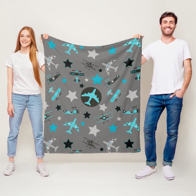 Blue Grey Aeroplanes Pattern Fleece Blanket (In Situ)