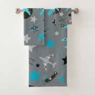 Blue Grey Aeroplanes Pattern Personalised Bath Towel Set