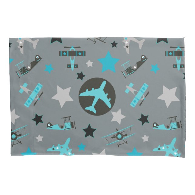 Blue Grey Aeroplanes Pattern Pillowcase (Front)