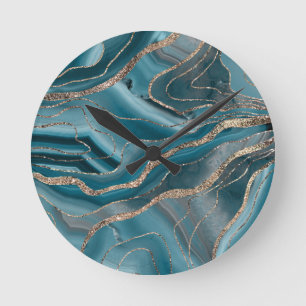 Blue Grey Agate Gold Glitter Glam #1 Round Clock