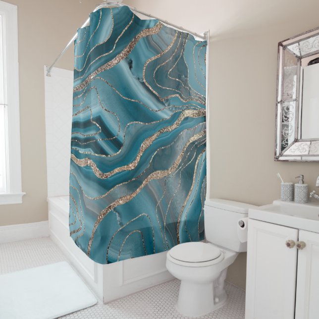 Blue Grey Agate Gold Glitter Glam #1 Shower Curtain (In Situ)