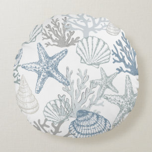 Blue Grey And Beige Beachy Starfish Seashell Round Cushion