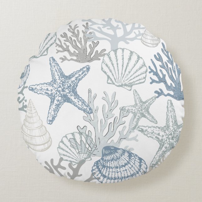 Blue Grey And Beige Beachy Starfish Seashell Round Cushion (Front)
