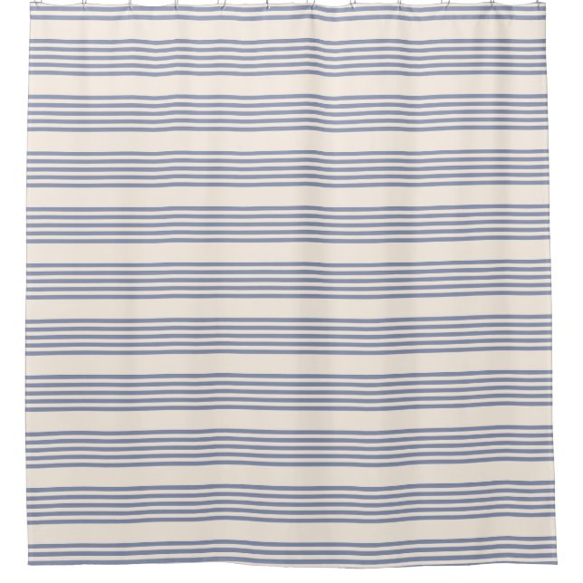 Blue-grey and beige five stripe pattern shower curtain (Front)