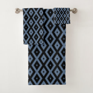 Blue grey and black diamond pattern bath towel set