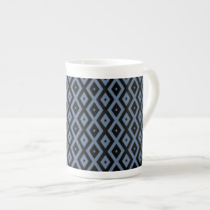 Blue grey and black diamond pattern bone china mug