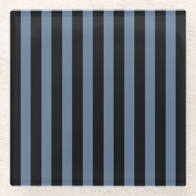 Blue grey and black stripes glass coaster (Front)