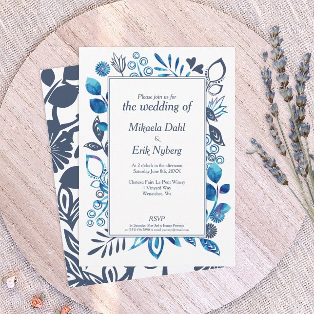 Blue-Grey and Bright Blue Floral Wedding Invitation (blue floral wedding invitations, navy blue and royal blue color combination)