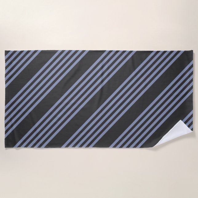 Blue-grey and charcoal five stripe pattern beach towel (Front)