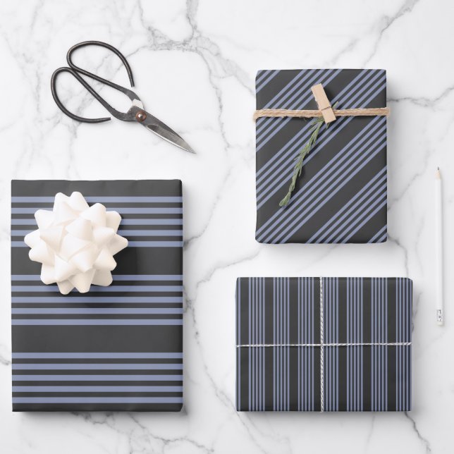 Blue-grey and charcoal five stripe pattern wrapping paper sheet (Front)