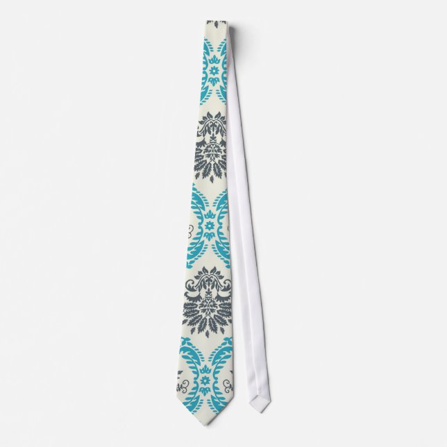 blue grey and cream elegant damask tie (Front)