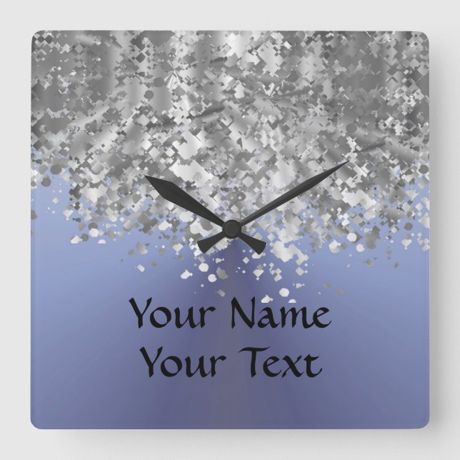 Blue grey and faux glitter square wall clock (Front)