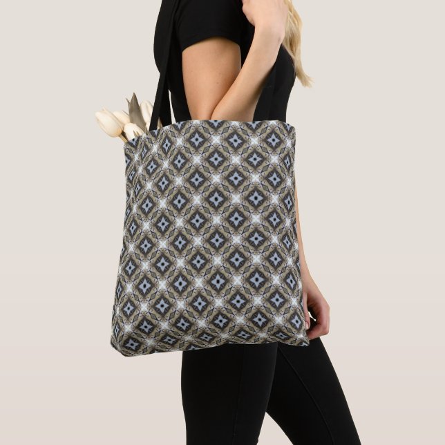 Blue Grey and Tan Star Kaleidoscope Pattern Tote Bag (Close Up)