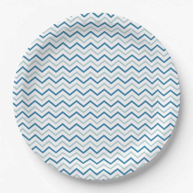 Blue Grey and White Chevron Paper Plate (Front)