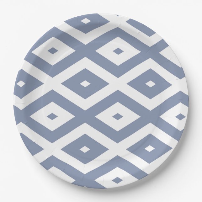 Blue grey and white diamond pattern paper plate (Front)