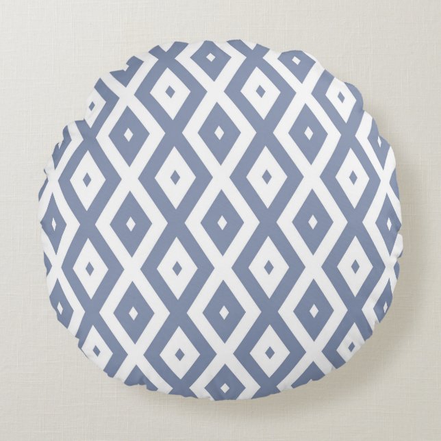Blue grey and white diamond pattern round cushion (Front)