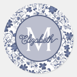 Blue Grey and White Floral Monogram Classic Round Sticker