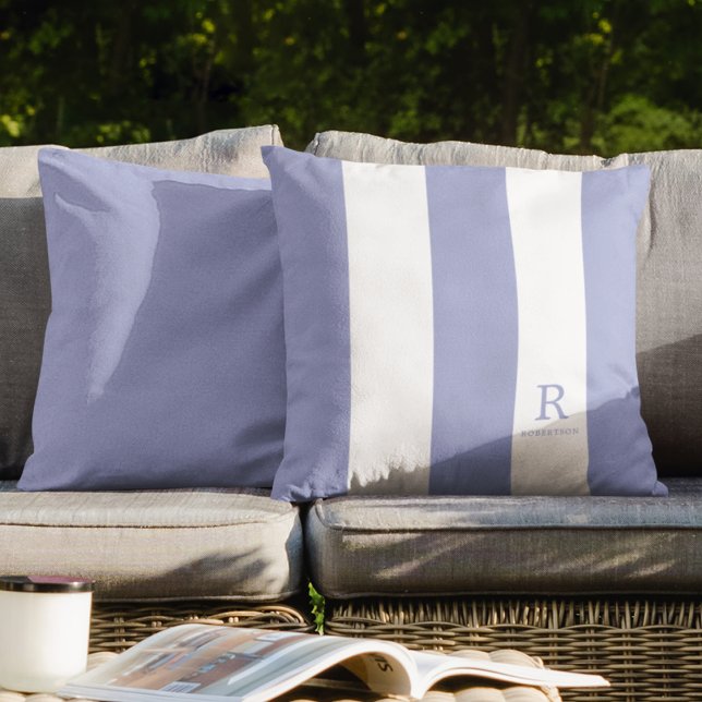 Blue Grey and White Stripes Monogram Name Outdoor Cushion (Creator Uploaded)