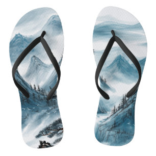 Blue-grey Artistic Mountain Painting Chinoiserie Jandals