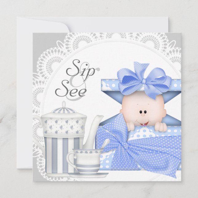 Blue Grey Baby Boy Sip And See Invitations (Front)