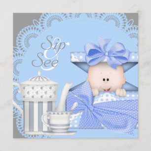 Blue Grey Baby Boy Sip And See Invitations