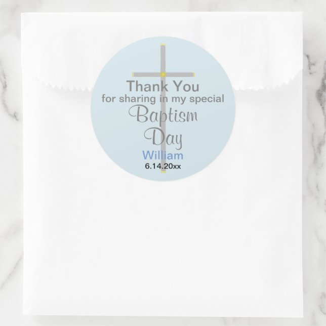 Blue Grey Baptism Son Thank You Classic Round Sticker (Bag)