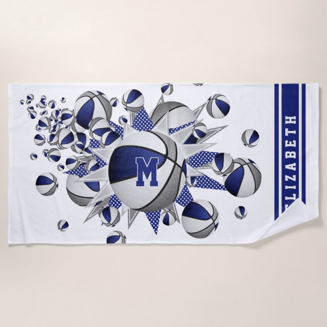 blue grey basketballs stars girls monogrammed beach towel (Front)
