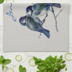  Blue Grey Birds Elegant Watercolor Custom Name Tea Towel