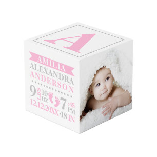 Blue Grey Birth Stats BABY Girl Keepsake PHOTO Cube