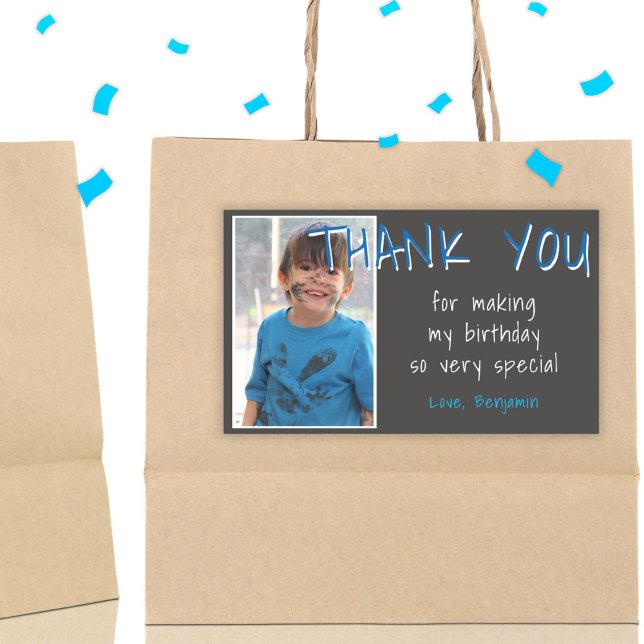 Blue Grey Birthday Boy Photo Thank you Favour Rectangular Sticker (Creator Uploaded)