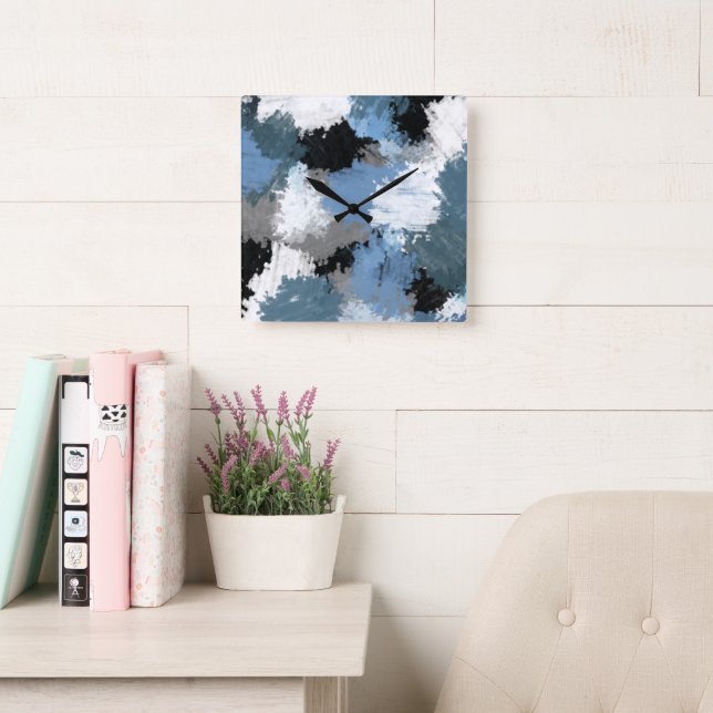 Blue Grey Black Abstract Brushstrokes  Square Wall Clock (Reading Room)