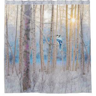 Blue Grey Blue Jay Bird Forest Trees Art Shower Curtain