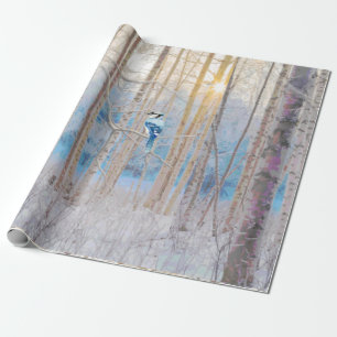 Blue Grey Blue Jay Bird Forest Trees Art Wrapping Paper