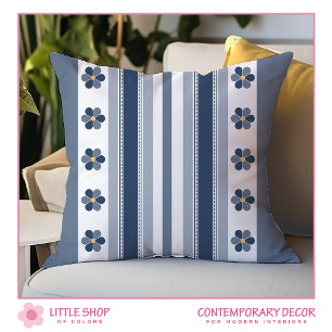 Blue Grey Bold Stripes Floral Cushion
