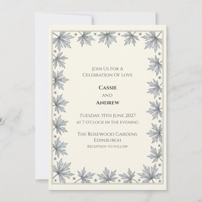 Blue Grey Botanical Leaf Wedding Invitation (Front)