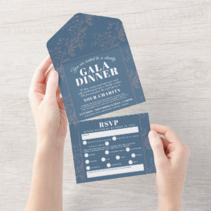 Blue grey botanical pattern gala dinner event all in one invitation