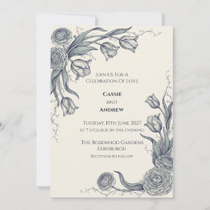 Blue Grey Botanical Wedding Invitation