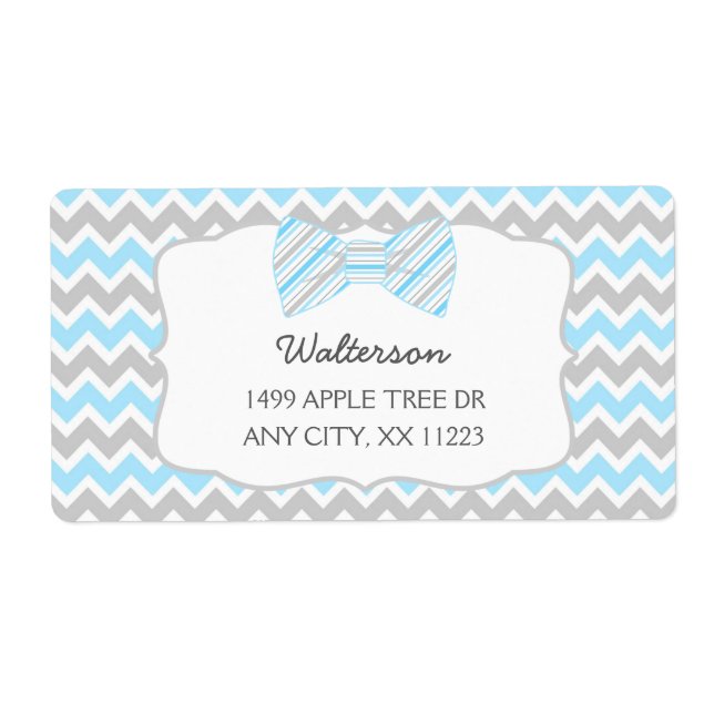 Blue Grey Bow tie baby shower address labels (Front)