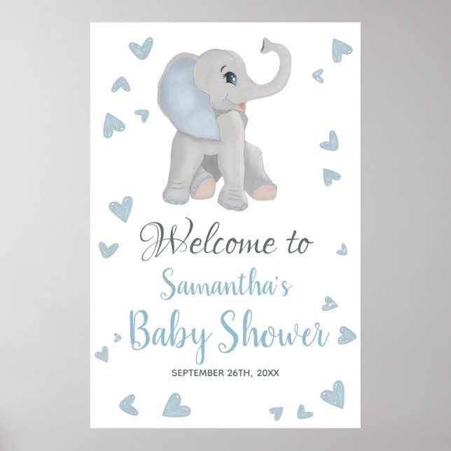 Blue Grey Boy Elephant Baby Shower Welcome Sign (Front)
